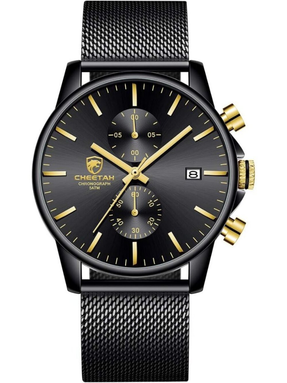 Men's Gold And Black Quartz Analog Mesh Strap Stainless Steel Chronograph Watch